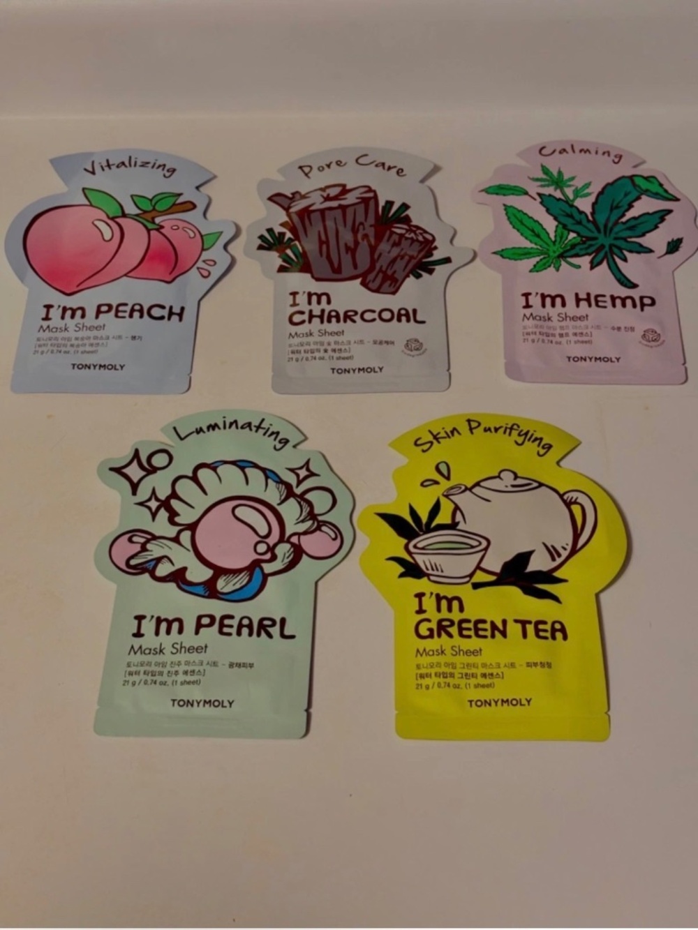 TonyMoly Sheet Mask Bundle Peach Charcoal Hemp Pearl Green Tea Korean Skincare